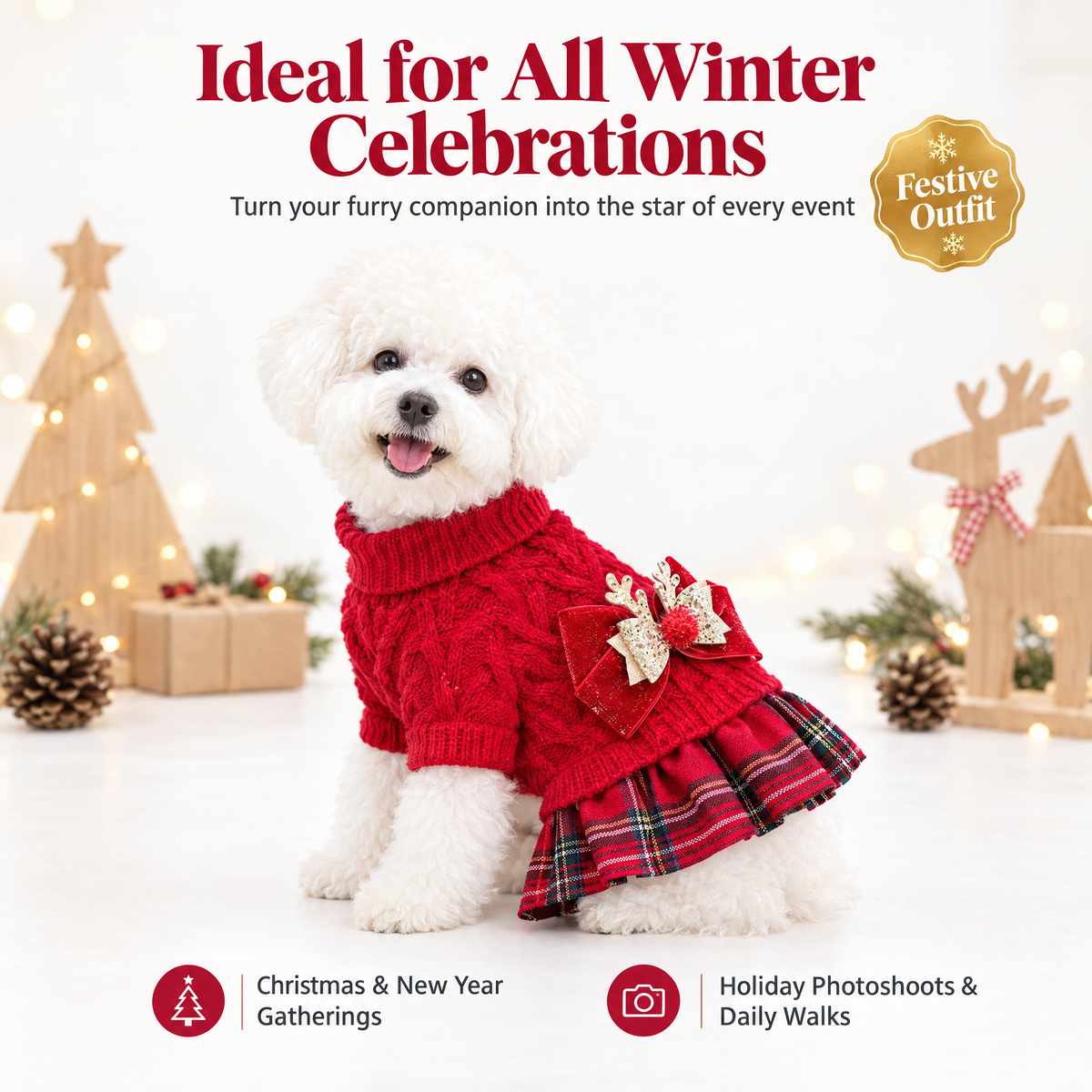 Reindeer Christmas Sweater Dress for Small Dogs