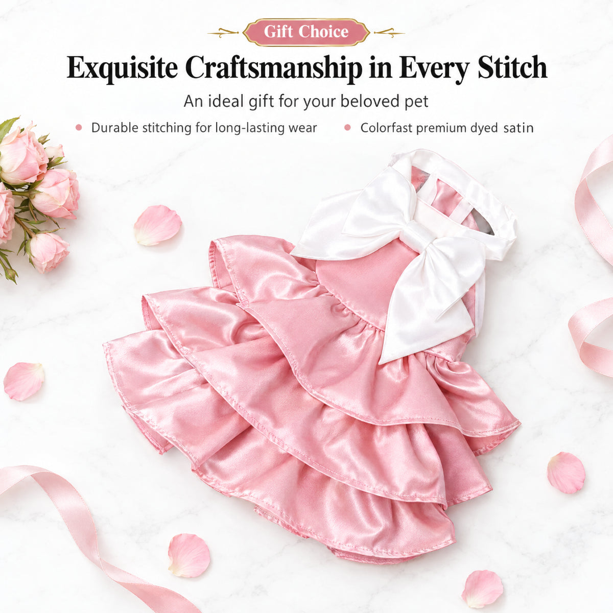 Pink Satin Heart Bow Dress for Small Dogs