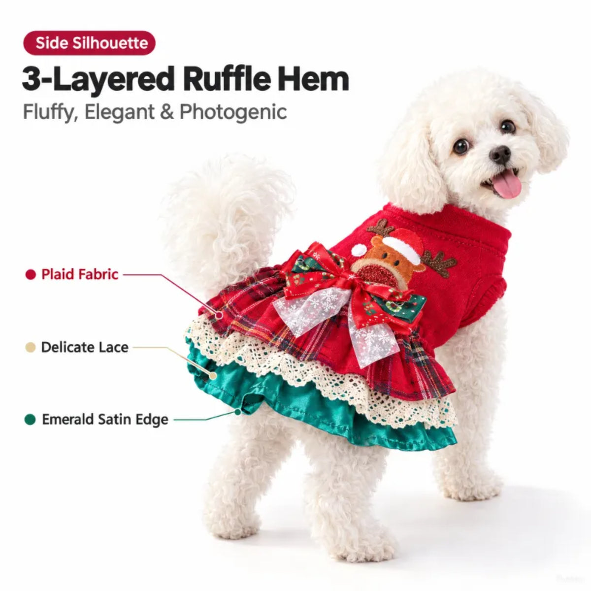 Festive Reindeer Dog Dress – Plaid Christmas Party Outfit