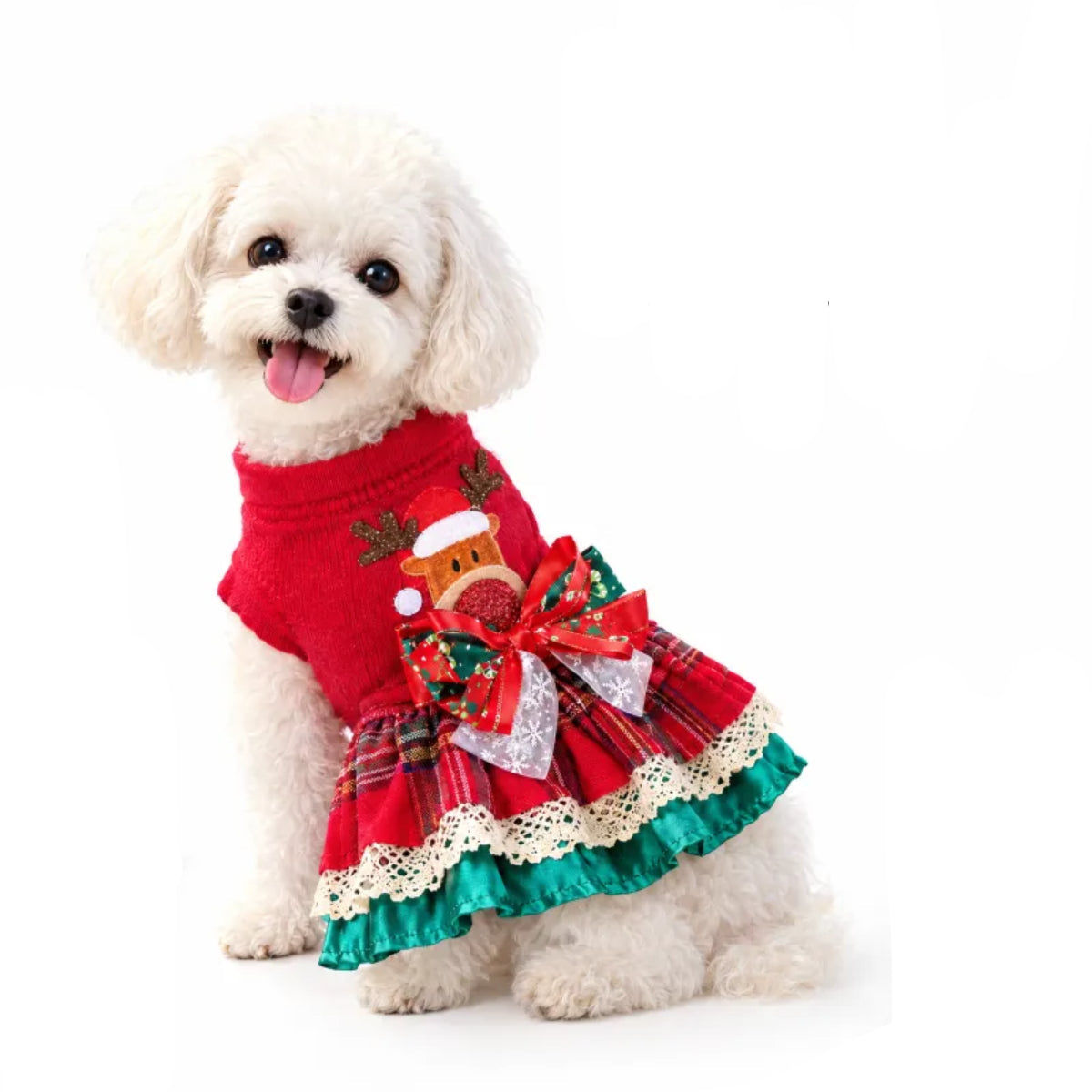 Festive Reindeer Dog Dress – Plaid Christmas Party Outfit
