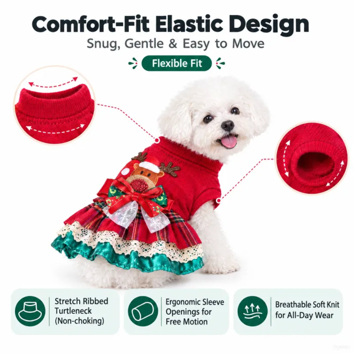 Festive Reindeer Dog Dress – Plaid Christmas Party Outfit