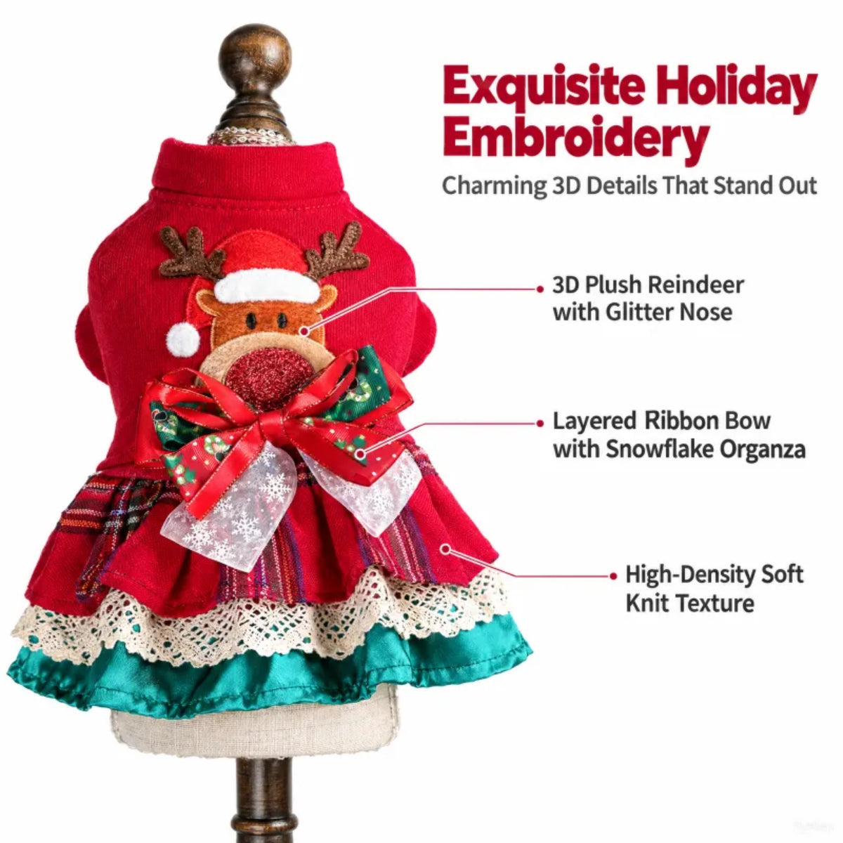 Festive Reindeer Dog Dress – Plaid Christmas Party Outfit